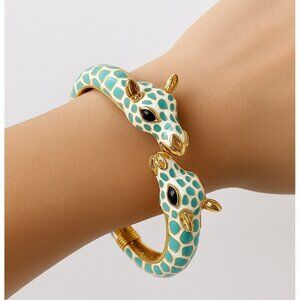 VTG KJL Kenneth Jay Lane Giraffe Blue Enamel Gold Tone Hinged Bracelet Bangle